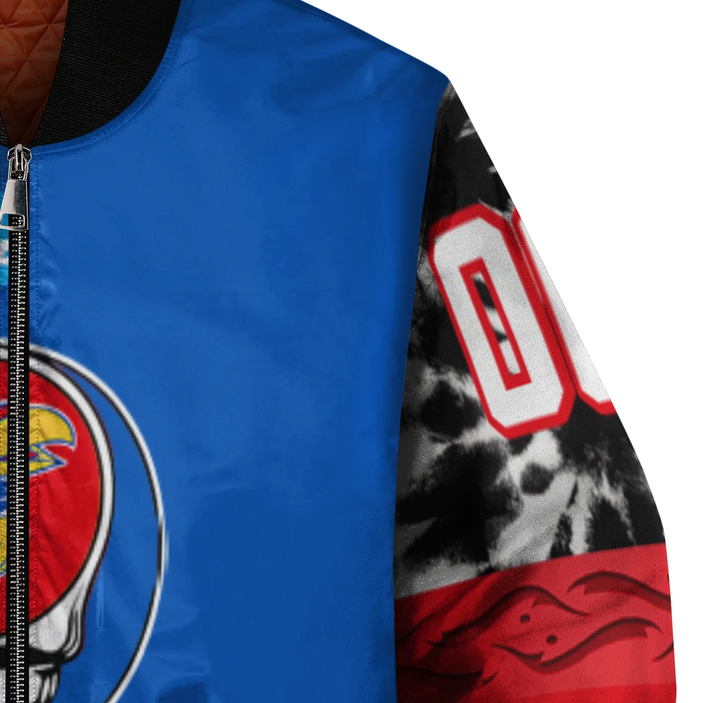 customized kansas jayhawks circle skull blue black bomber jacket premium grade customized kansas jayhawks circle skull blue black bomber jacket premium grade