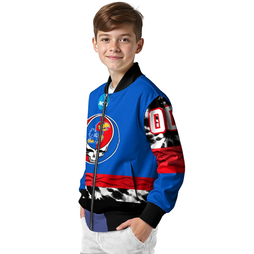 customized kansas jayhawks circle skull blue black bomber jacket trendy customized kansas jayhawks circle skull blue black bomber jacket trendy