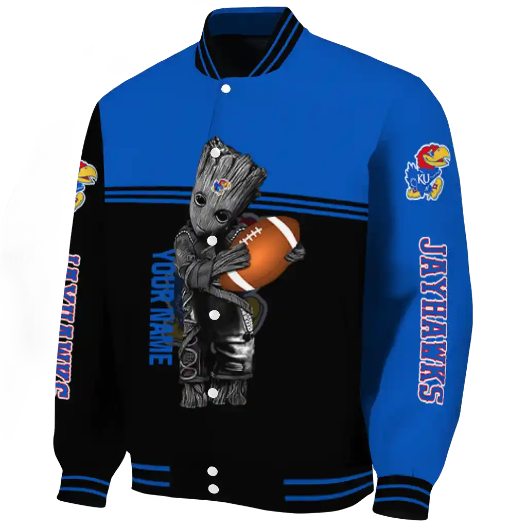 customized kansas jayhawks groot football blue black varsity jacket best selling customized kansas jayhawks groot football blue black varsity jacket best selling