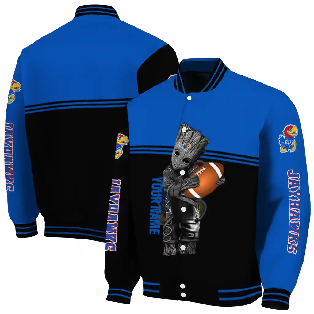 customized kansas jayhawks groot football blue black varsity jacket fashion forward customized kansas jayhawks groot football blue black varsity jacket fashion forward