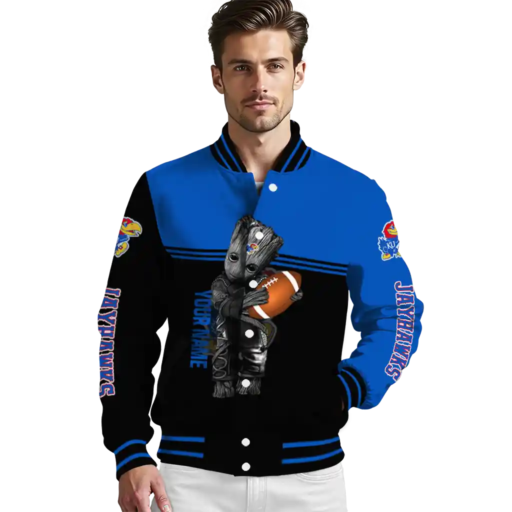 customized kansas jayhawks groot football blue black varsity jacket high quality customized kansas jayhawks groot football blue black varsity jacket high quality