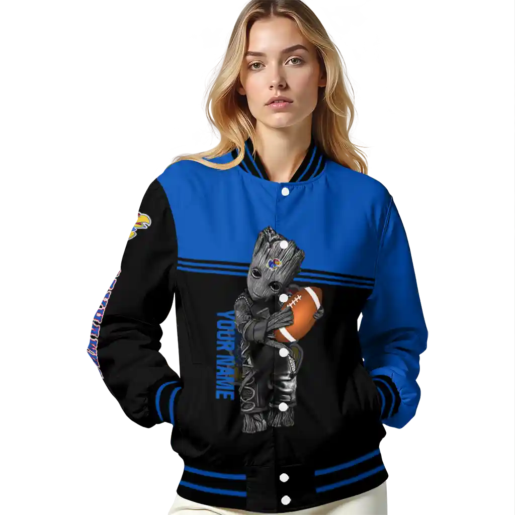 customized kansas jayhawks groot football blue black varsity jacket latest model customized kansas jayhawks groot football blue black varsity jacket latest model