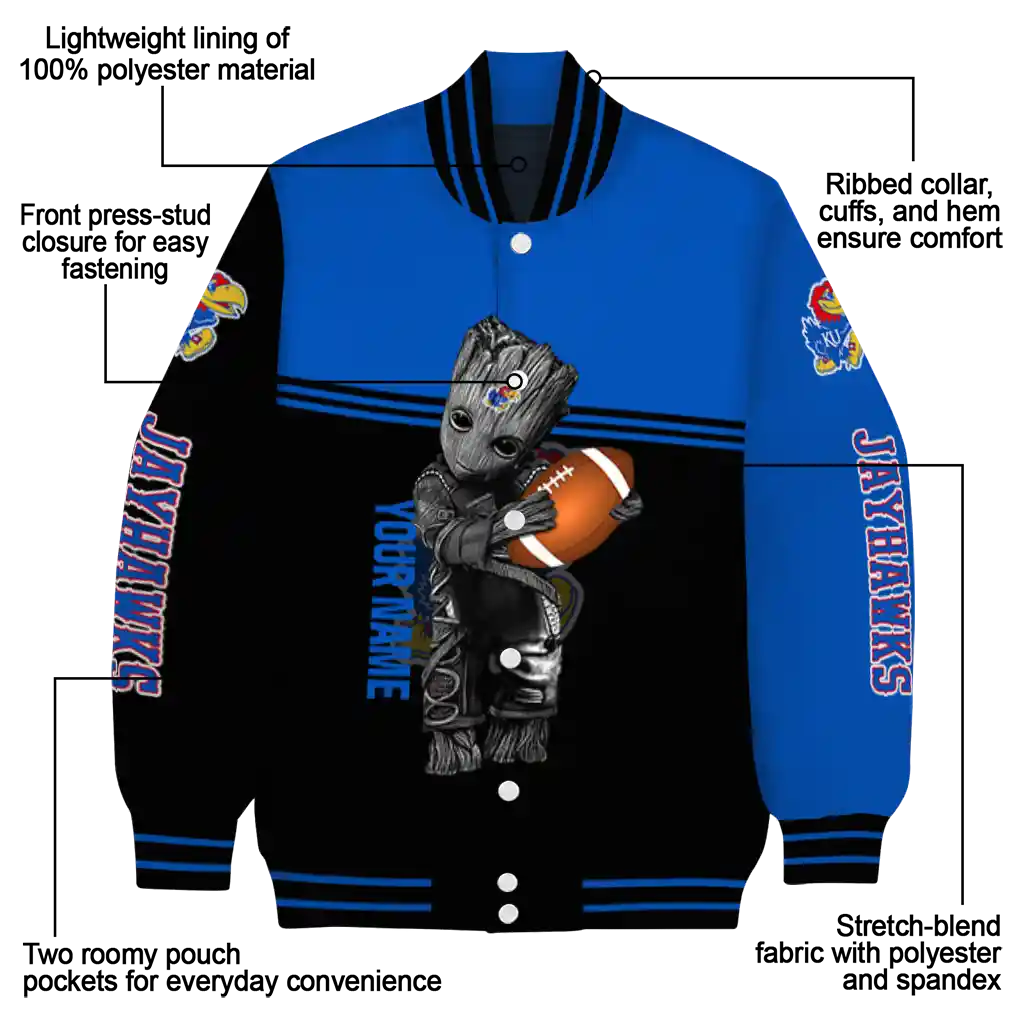 customized kansas jayhawks groot football blue black varsity jacket new arrival customized kansas jayhawks groot football blue black varsity jacket new arrival