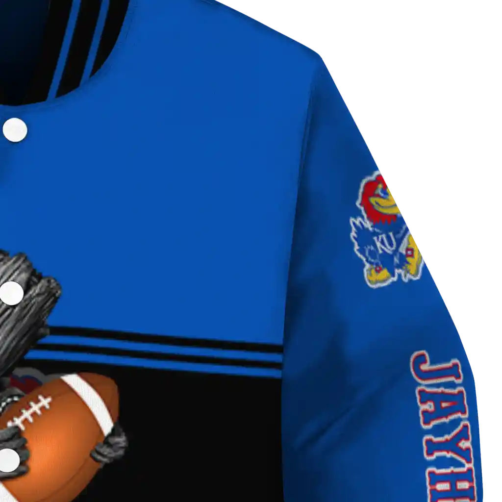 customized kansas jayhawks groot football blue black varsity jacket premium grade customized kansas jayhawks groot football blue black varsity jacket premium grade