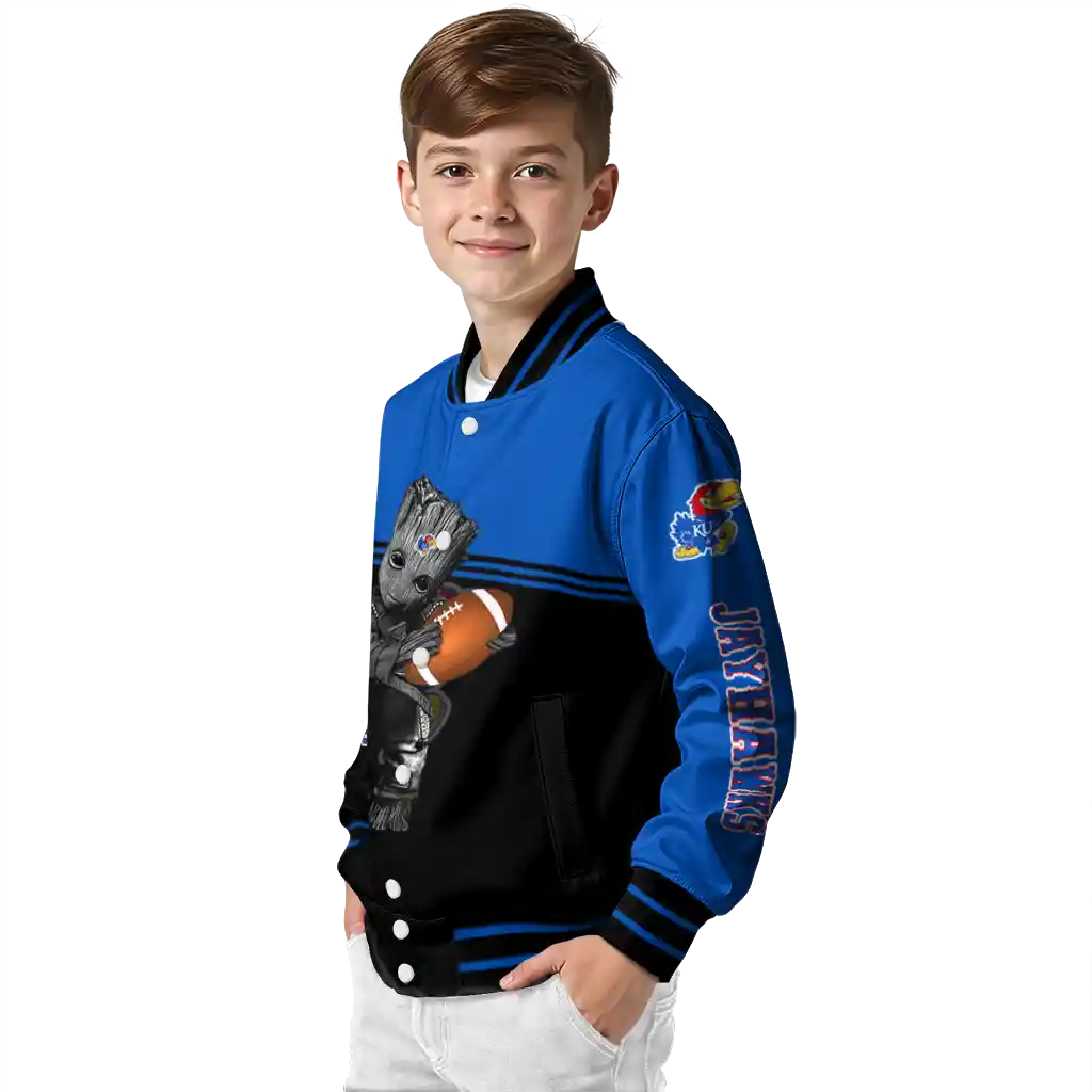 customized kansas jayhawks groot football blue black varsity jacket trendy customized kansas jayhawks groot football blue black varsity jacket trendy