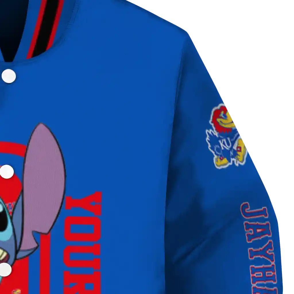 customized kansas jayhawks stitch laughing blue varsity jacket premium grade customized kansas jayhawks stitch laughing blue varsity jacket premium grade
