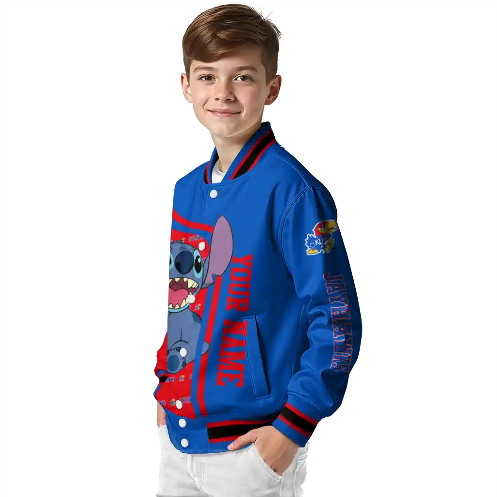 customized kansas jayhawks stitch laughing blue varsity jacket trendy customized kansas jayhawks stitch laughing blue varsity jacket trendy