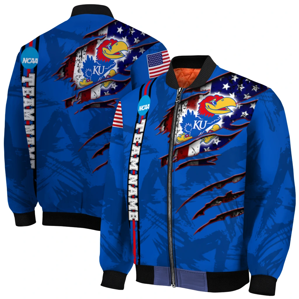 customized kansas jayhawks usa flag claws blue bomber jacket best selling customized kansas jayhawks usa flag claws blue bomber jacket best selling
