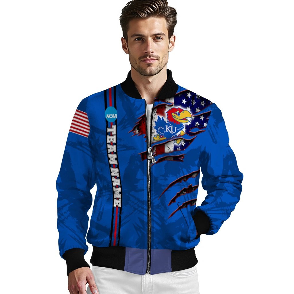 customized kansas jayhawks usa flag claws blue bomber jacket high quality customized kansas jayhawks usa flag claws blue bomber jacket high quality