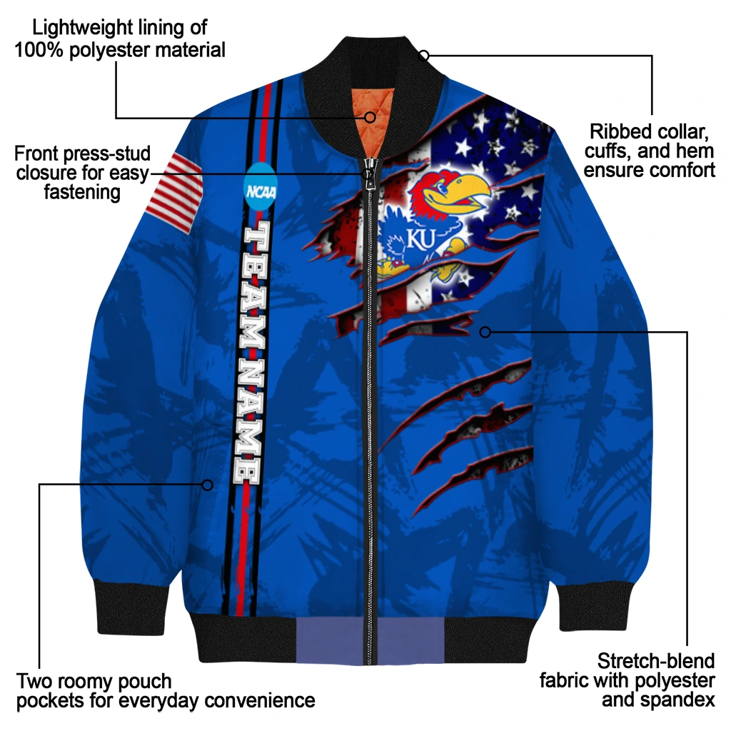 customized kansas jayhawks usa flag claws blue bomber jacket new arrival customized kansas jayhawks usa flag claws blue bomber jacket new arrival