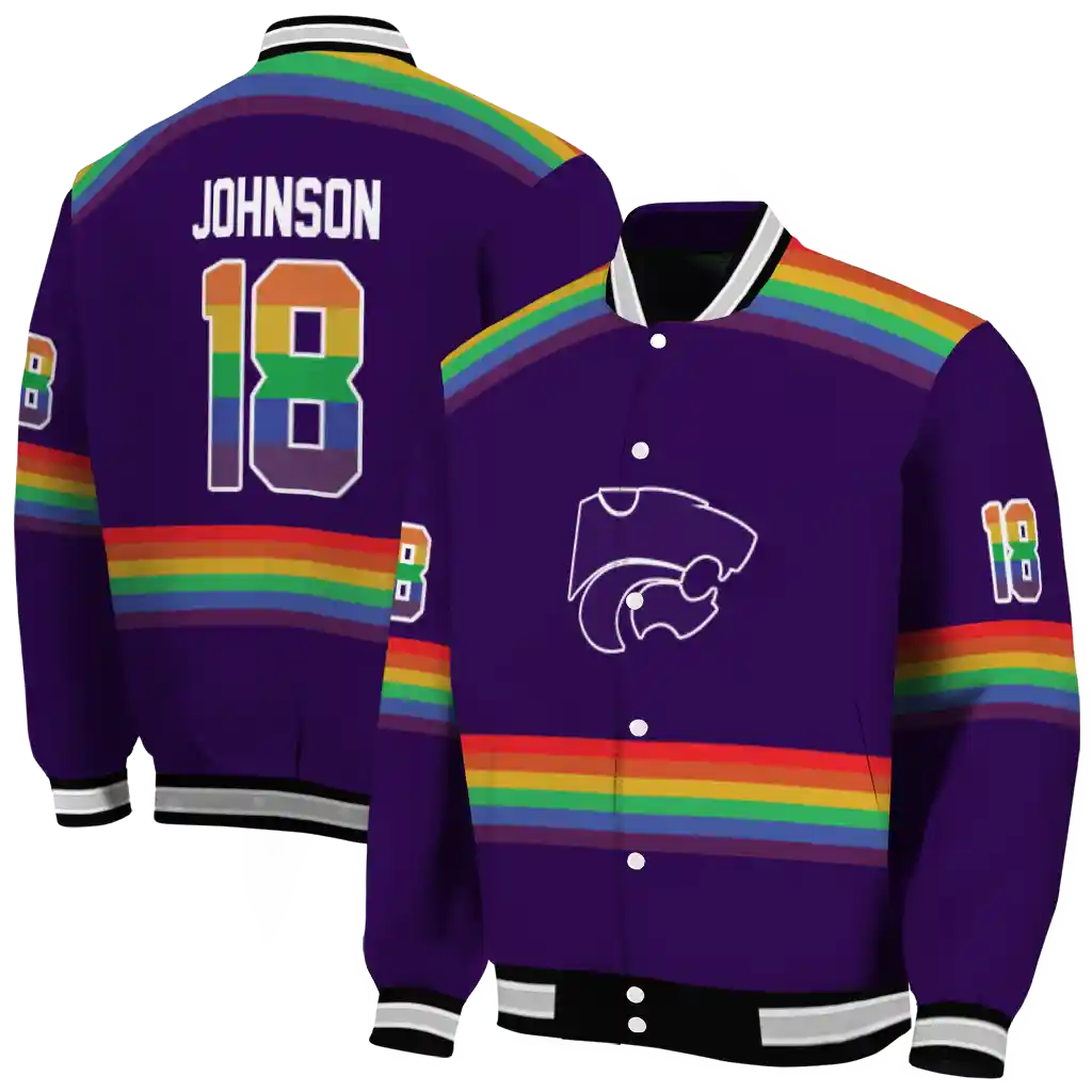 customized kansas state wildcats rainbow jersey number purple varsity jacket fashion forward customized kansas state wildcats rainbow jersey number purple varsity jacket fashion forward