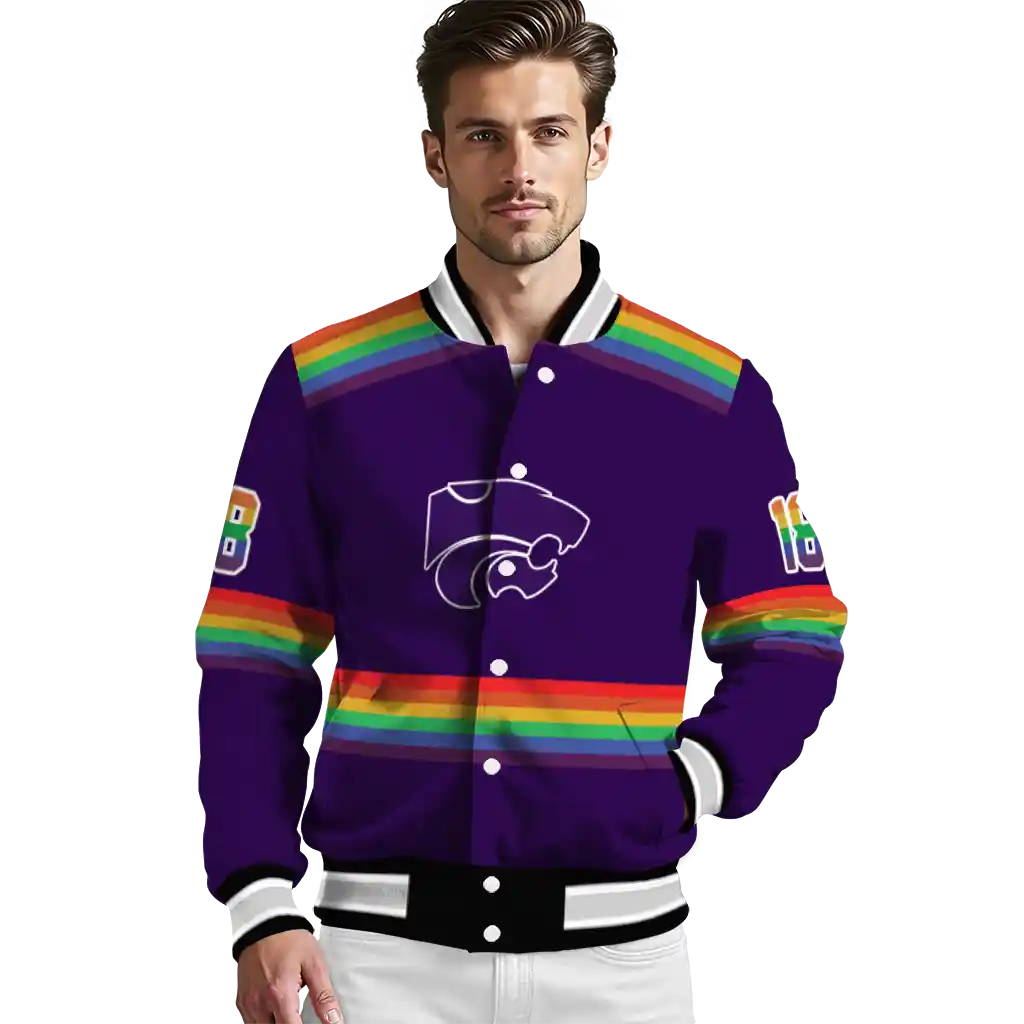 customized kansas state wildcats rainbow jersey number purple varsity jacket high quality customized kansas state wildcats rainbow jersey number purple varsity jacket high quality