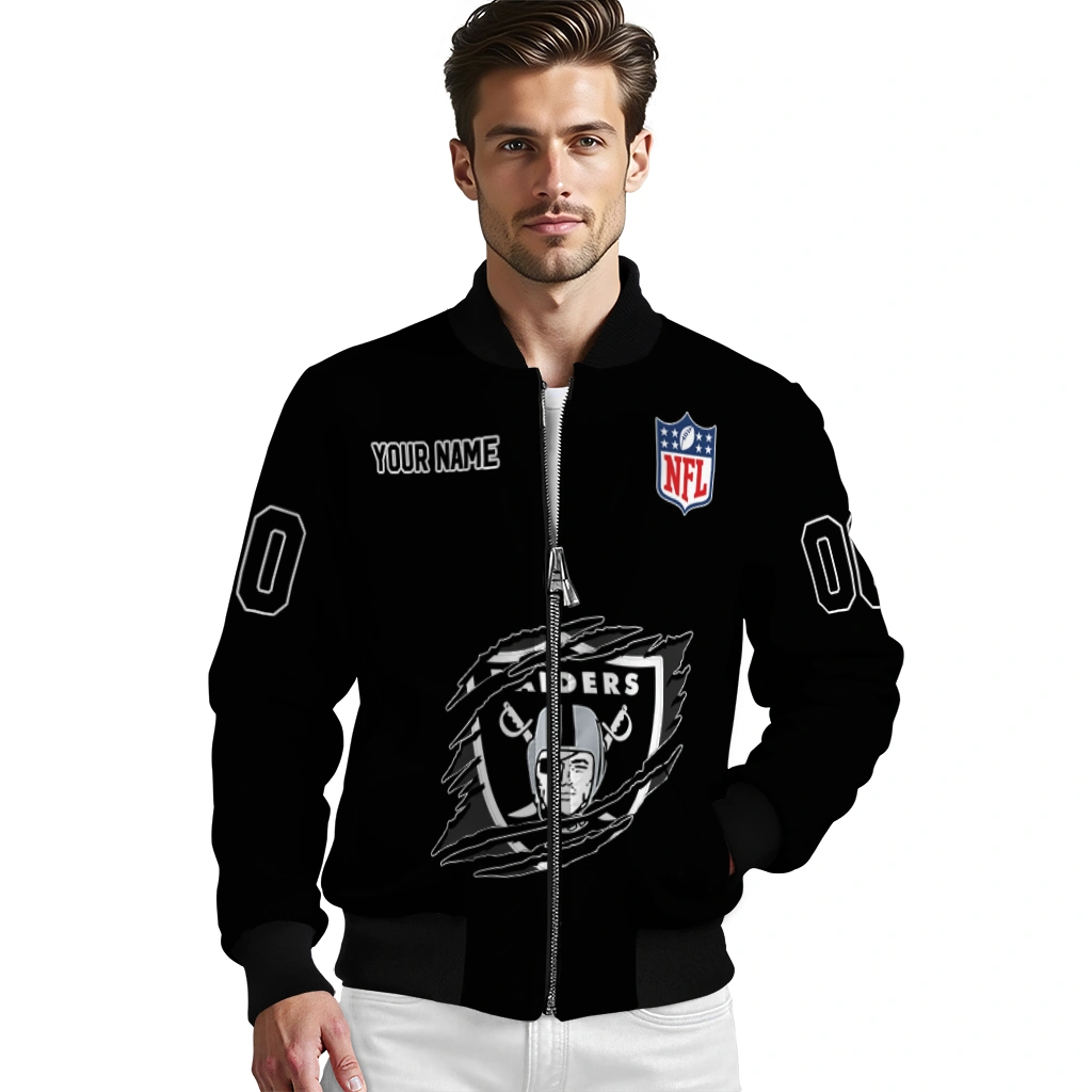 customized las vegas raiders claw scratch black bomber jacket high quality customized las vegas raiders claw scratch black bomber jacket high quality