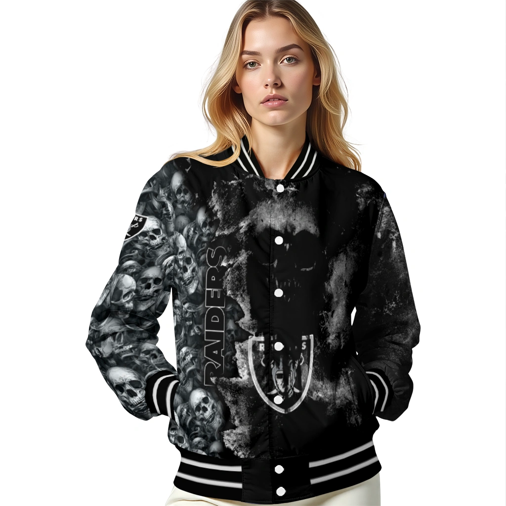 customized las vegas raiders skull cluster black varsity jacket latest model customized las vegas raiders skull cluster black varsity jacket latest model