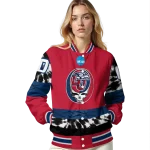 customized liberty flames circle skull red black varsity jacket best selling