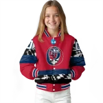 customized liberty flames circle skull red black varsity jacket best selling