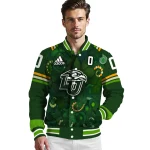customized liberty flames shamrock vortex green varsity jacket best selling