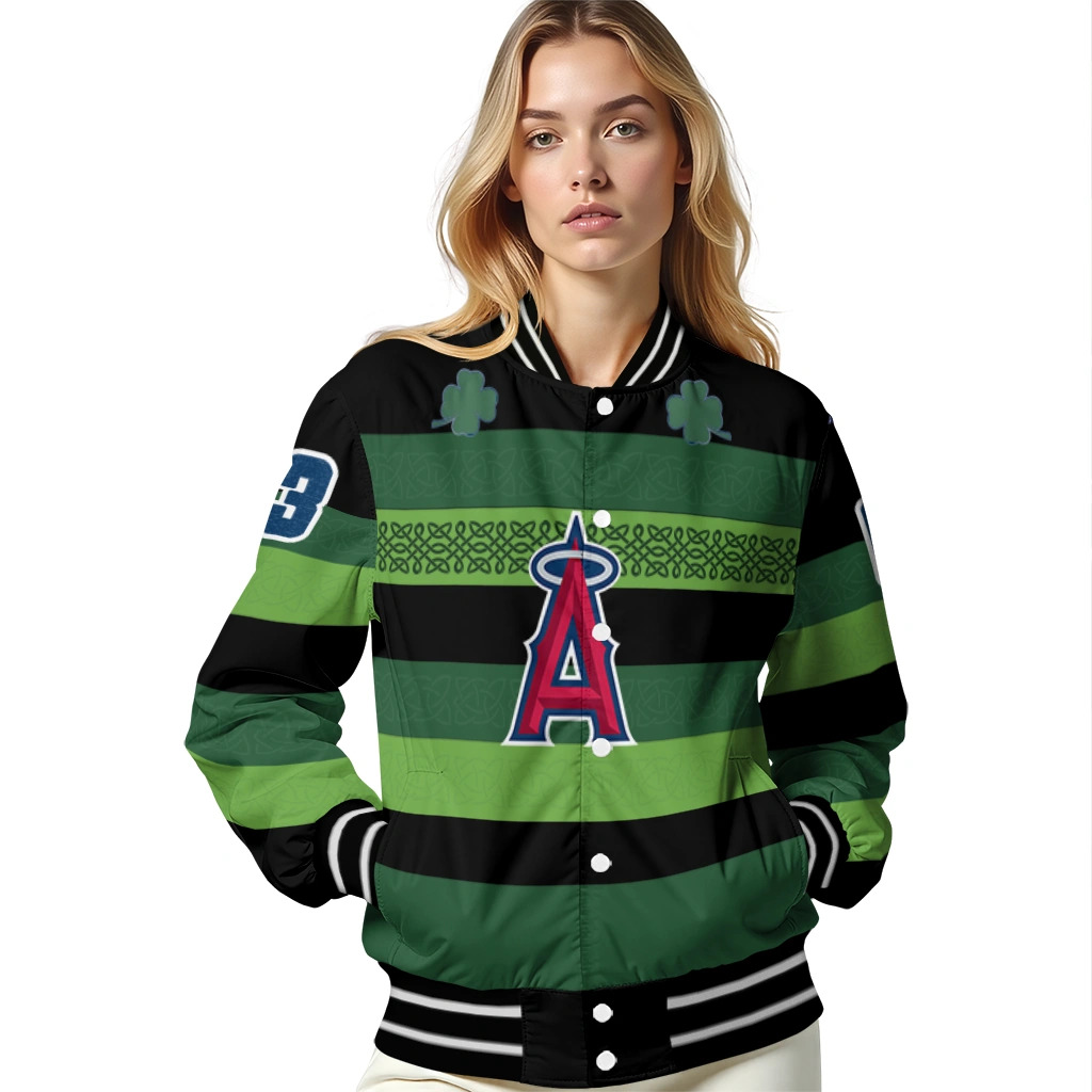 customized los angeles angels clover green lines green black varsity jacket latest model customized los angeles angels clover green lines green black varsity jacket latest model