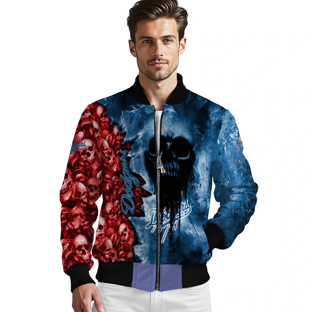 customized los angeles dodgers skull cluster blue bomber jacket high quality customized los angeles dodgers skull cluster blue bomber jacket high quality