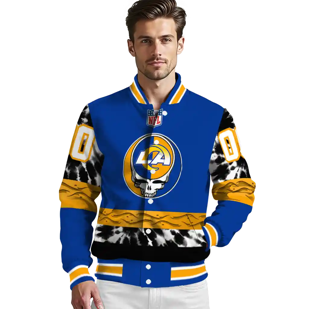 customized los angeles rams skull center blue black varsity jacket high quality customized los angeles rams skull center blue black varsity jacket high quality