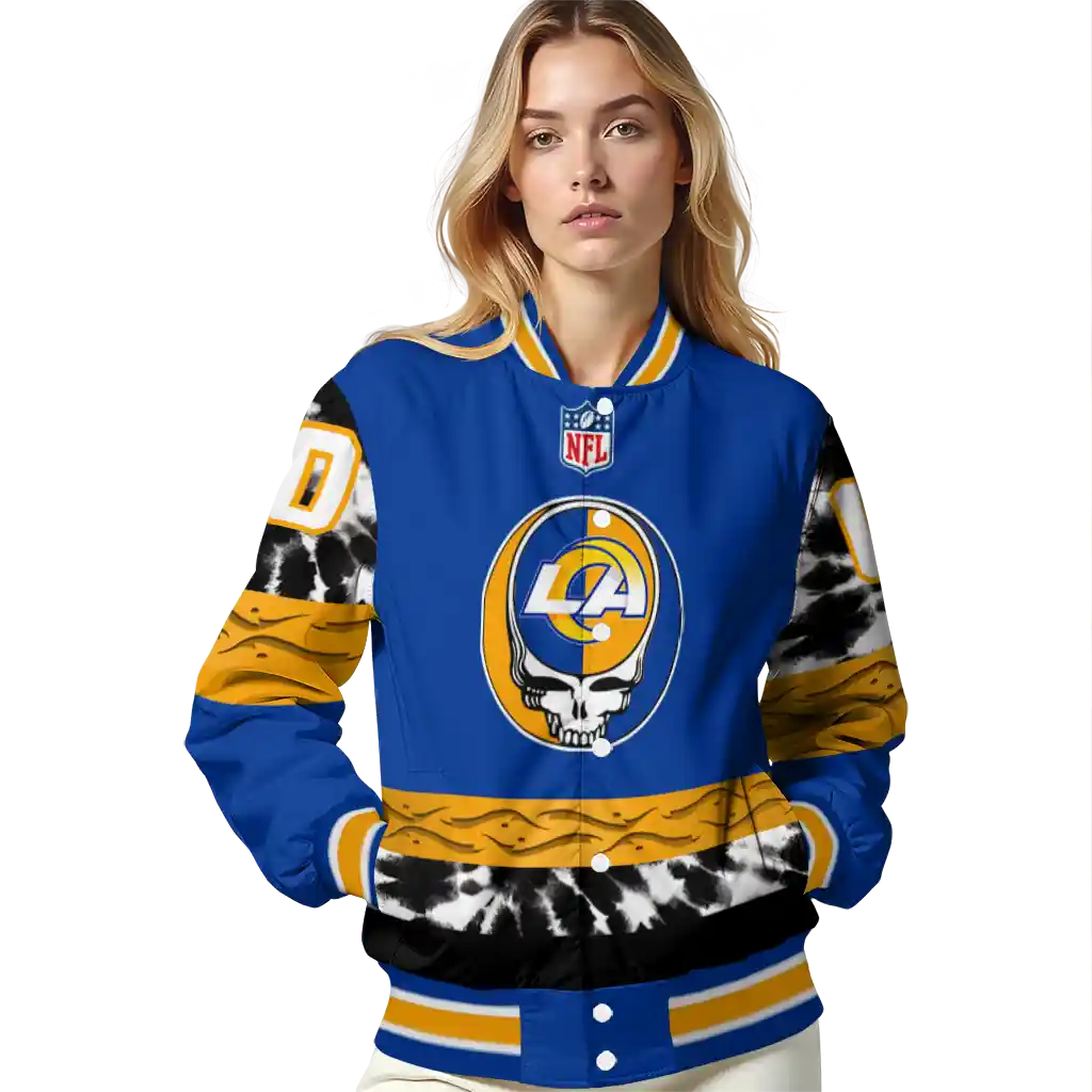 customized los angeles rams skull center blue black varsity jacket latest model customized los angeles rams skull center blue black varsity jacket latest model