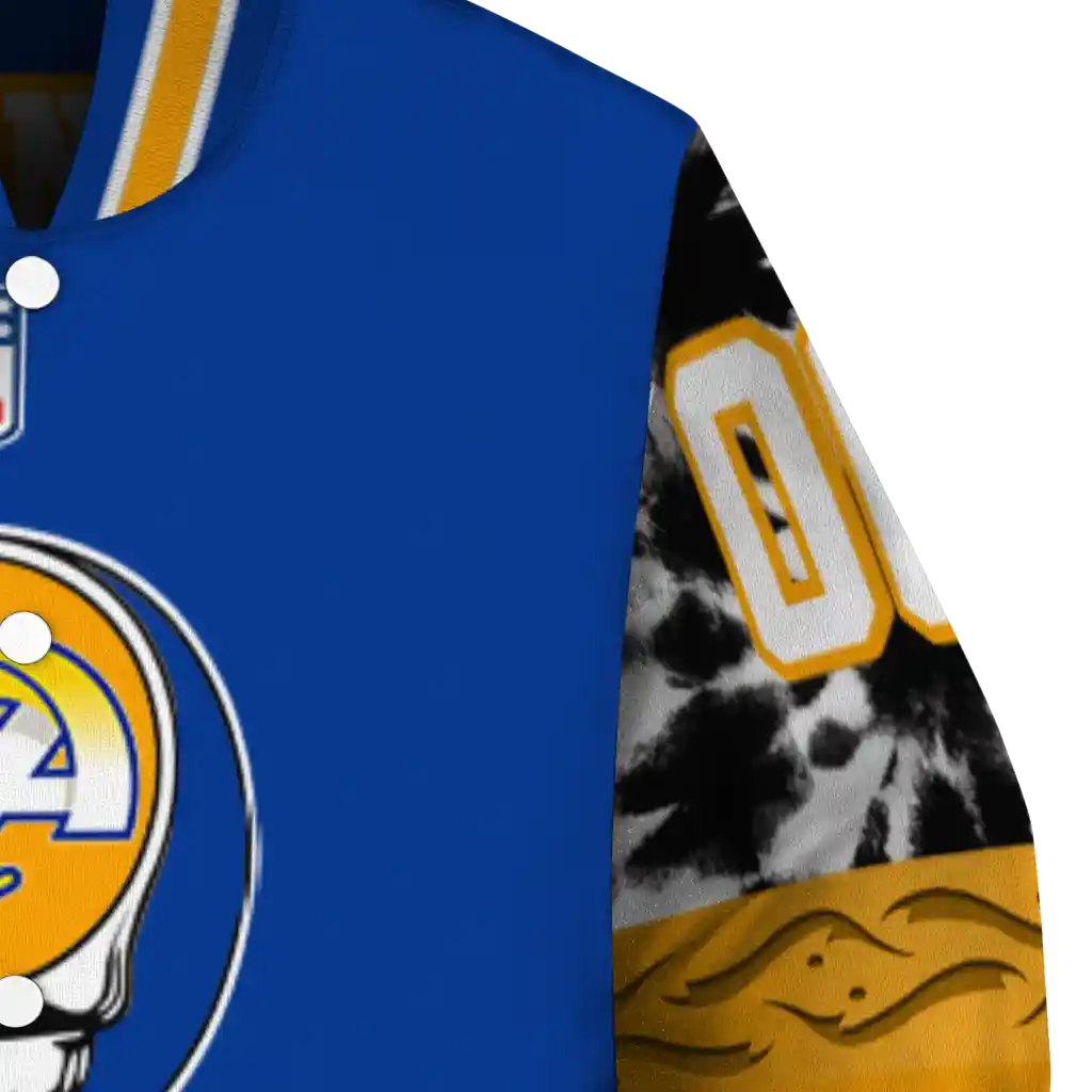 customized los angeles rams skull center blue black varsity jacket premium grade customized los angeles rams skull center blue black varsity jacket premium grade