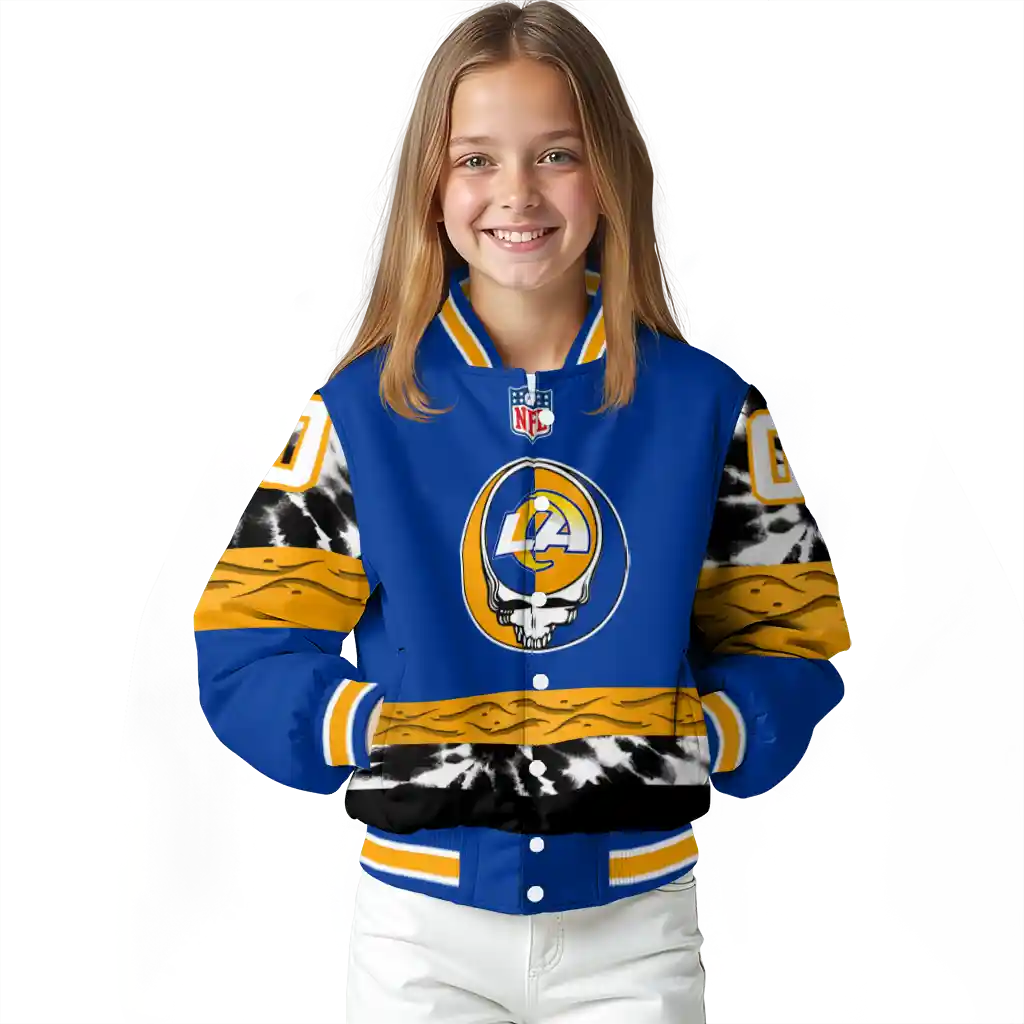 customized los angeles rams skull center blue black varsity jacket top rated customized los angeles rams skull center blue black varsity jacket top rated