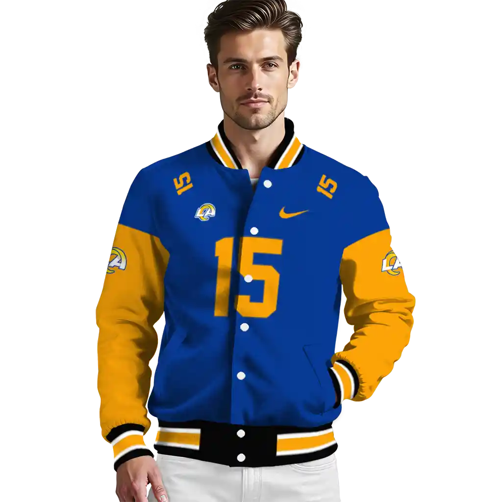 customized los angeles rams team patch blue varsity jacket high quality customized los angeles rams team patch blue varsity jacket high quality