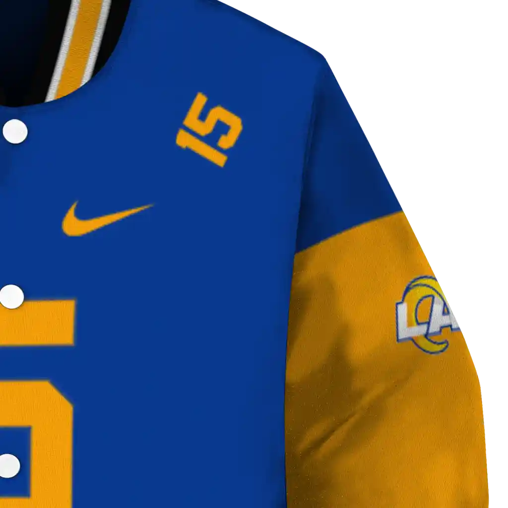customized los angeles rams team patch blue varsity jacket premium grade customized los angeles rams team patch blue varsity jacket premium grade