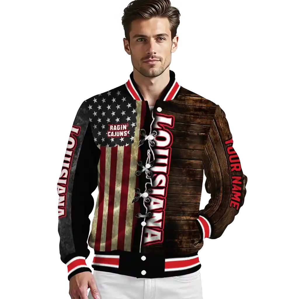 customized louisiana ragin cajuns flag wood brown varsity jacket high quality customized louisiana ragin cajuns flag wood brown varsity jacket high quality