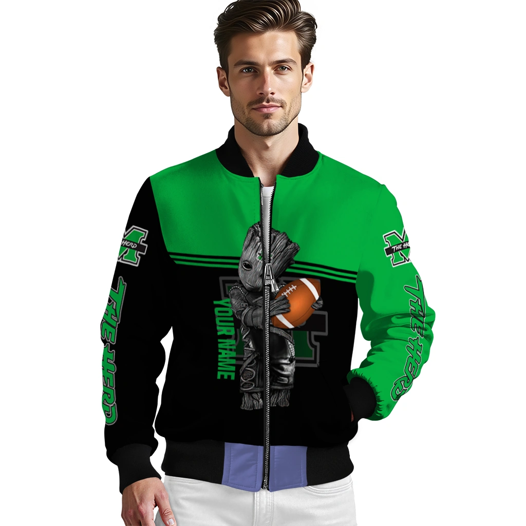 customized marshall thundering herd groot football green black bomber jacket high quality customized marshall thundering herd groot football green black bomber jacket high quality