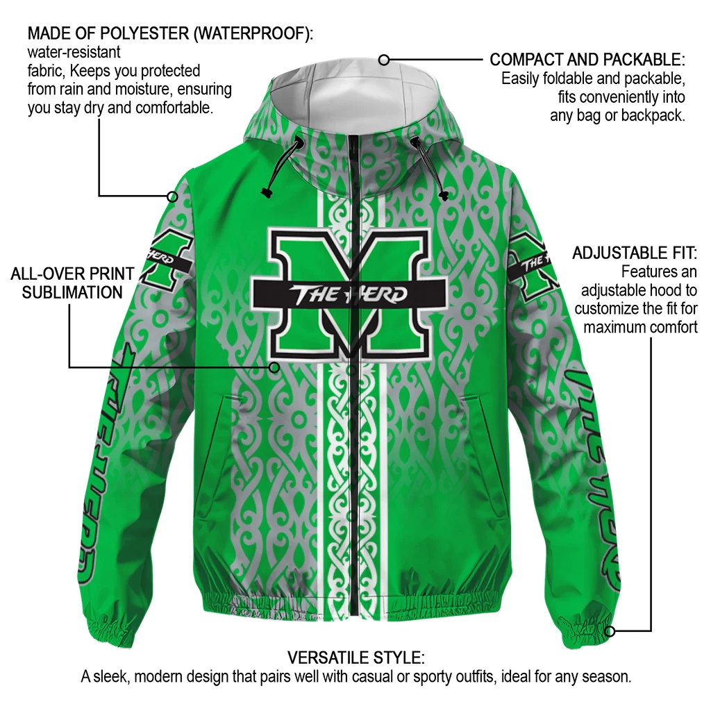 customized marshall thundering herd tribal swirls green windbreaker jacket new arrival customized marshall thundering herd tribal swirls green windbreaker jacket new arrival