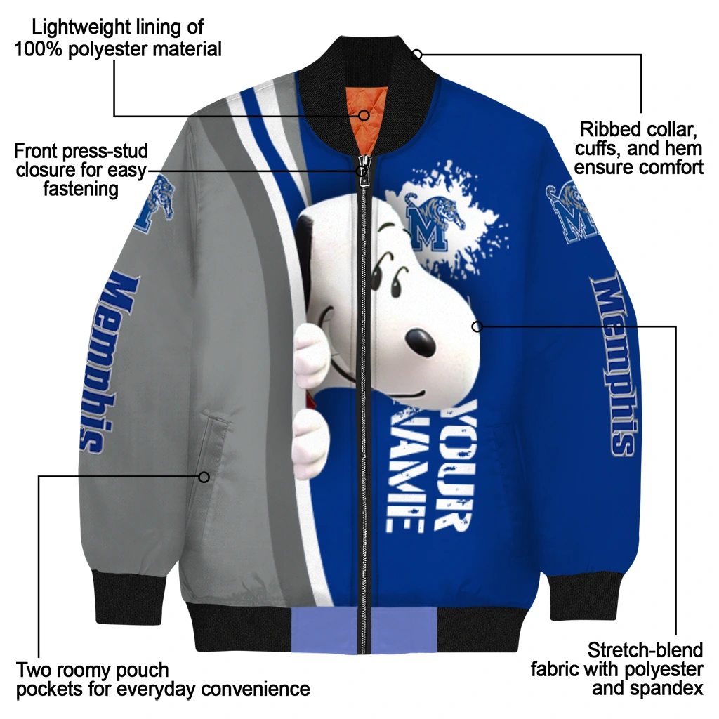 customized memphis tigers snoopy head blue bomber jacket new arrival customized memphis tigers snoopy head blue bomber jacket new arrival