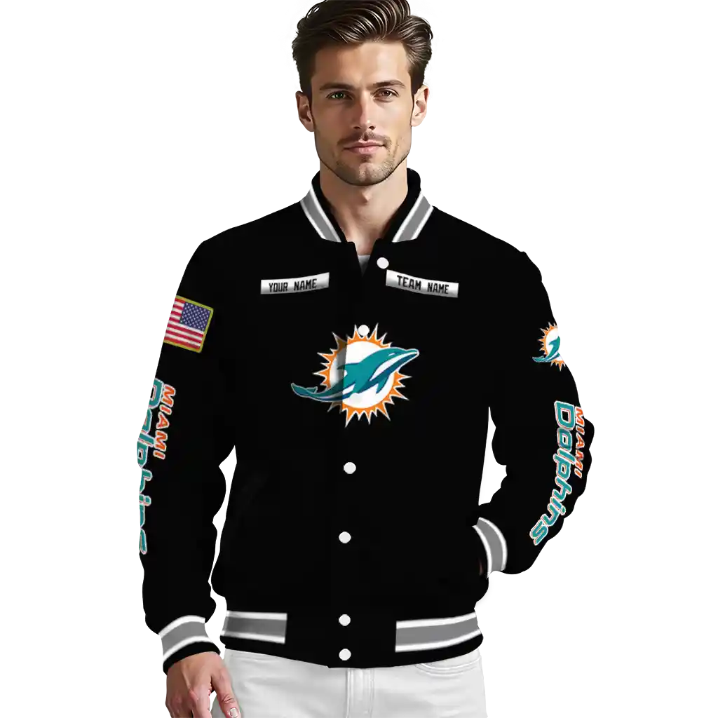 customized miami dolphins american flag skull black varsity jacket high quality customized miami dolphins american flag skull black varsity jacket high quality