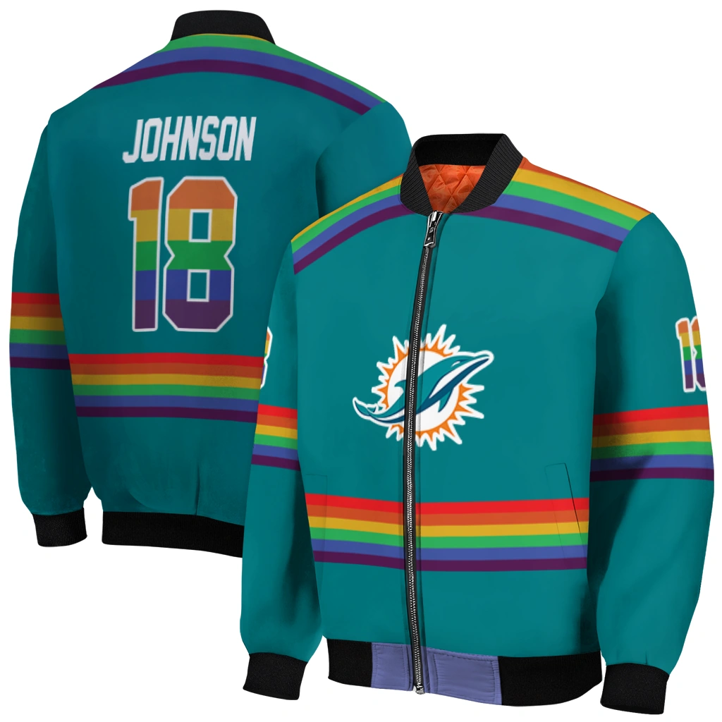 customized miami dolphins rainbow jersey number aqua bomber jacket best selling customized miami dolphins rainbow jersey number aqua bomber jacket best selling