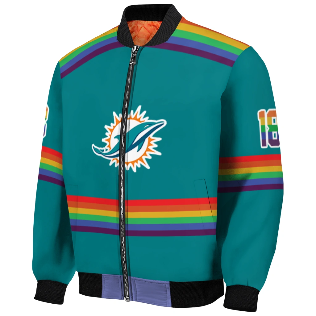 customized miami dolphins rainbow jersey number aqua bomber jacket fashion forward customized miami dolphins rainbow jersey number aqua bomber jacket fashion forward