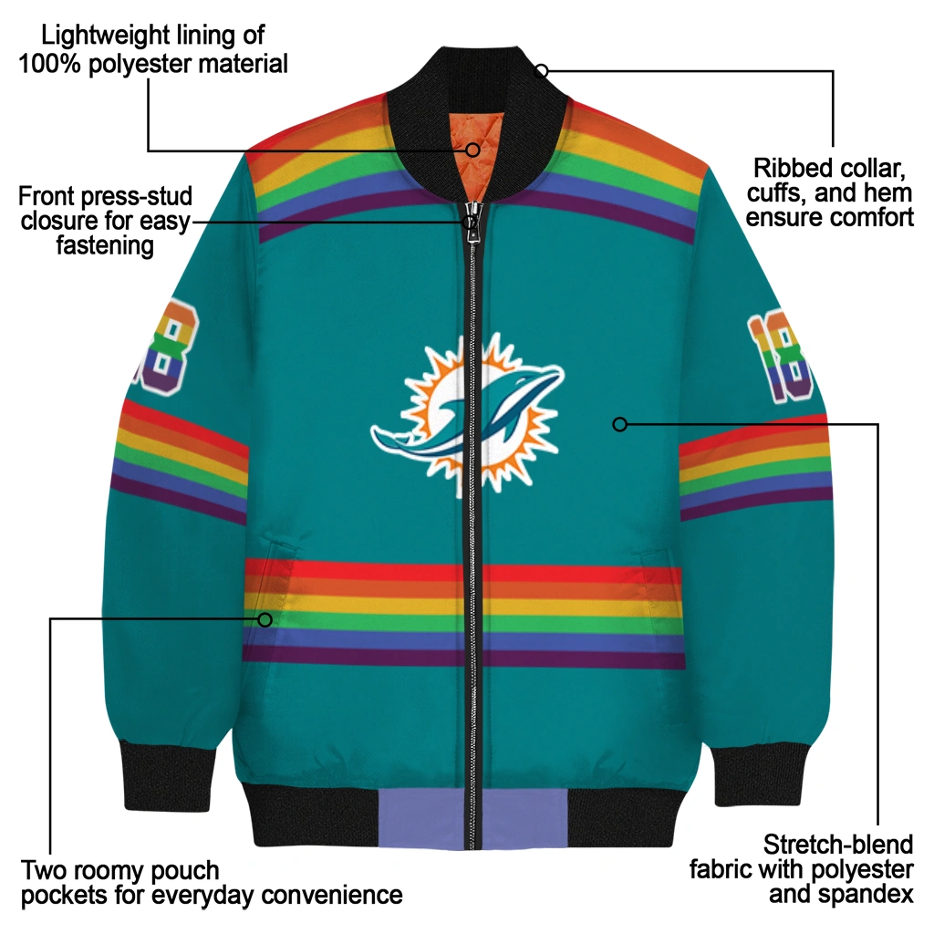 customized miami dolphins rainbow jersey number aqua bomber jacket new arrival customized miami dolphins rainbow jersey number aqua bomber jacket new arrival