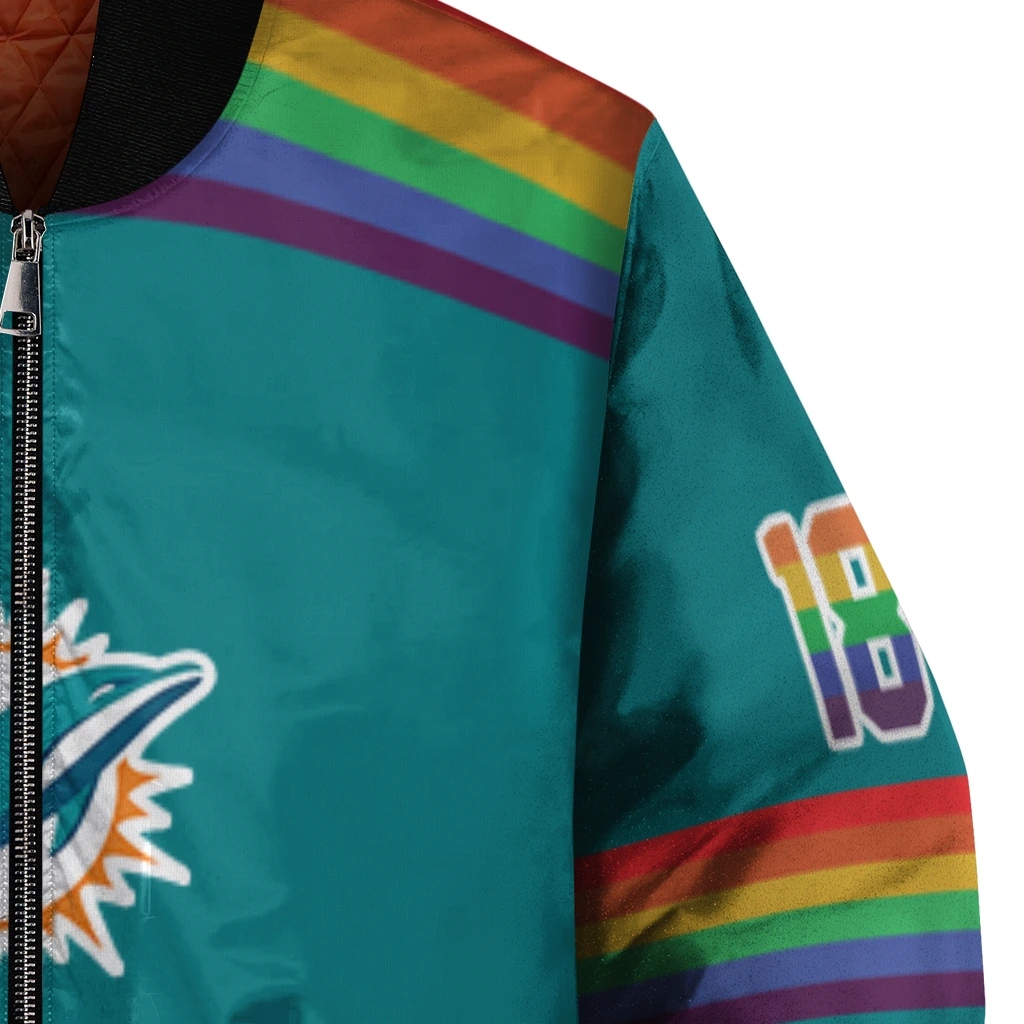 customized miami dolphins rainbow jersey number aqua bomber jacket premium grade customized miami dolphins rainbow jersey number aqua bomber jacket premium grade