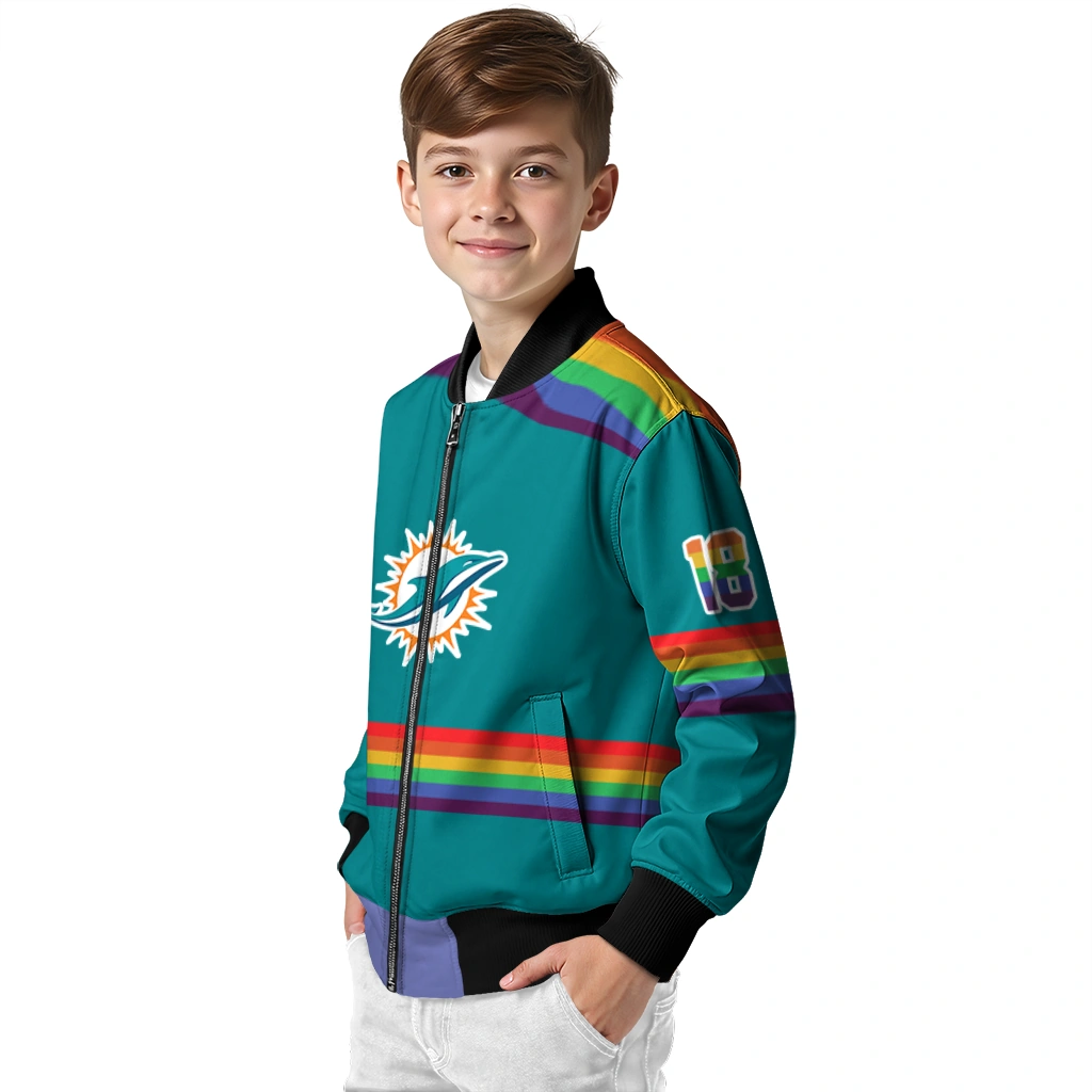 customized miami dolphins rainbow jersey number aqua bomber jacket trendy customized miami dolphins rainbow jersey number aqua bomber jacket trendy
