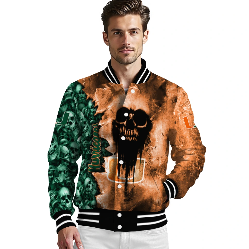 customized miami hurricanes skull cluster orange varsity jacket high quality customized miami hurricanes skull cluster orange varsity jacket high quality