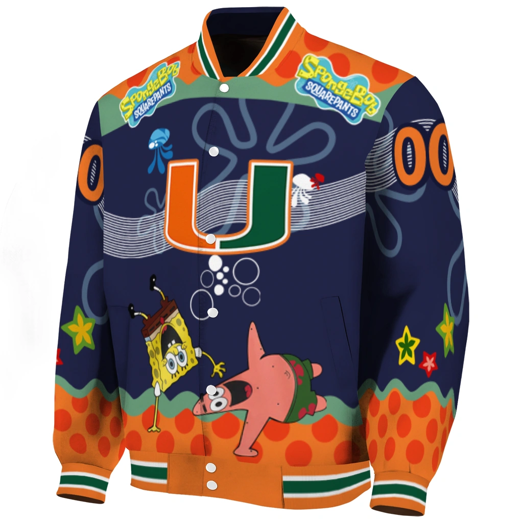 customized miami hurricanes spongebob playtime orange blue varsity jacket best selling customized miami hurricanes spongebob playtime orange blue varsity jacket best selling
