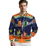 customized miami hurricanes spongebob playtime orange blue varsity jacket best selling