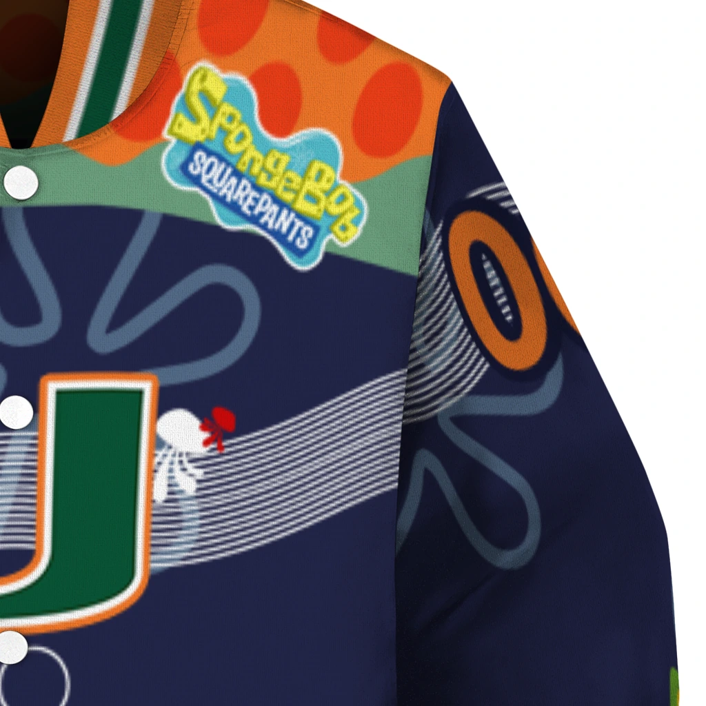 customized miami hurricanes spongebob playtime orange blue varsity jacket premium grade customized miami hurricanes spongebob playtime orange blue varsity jacket premium grade