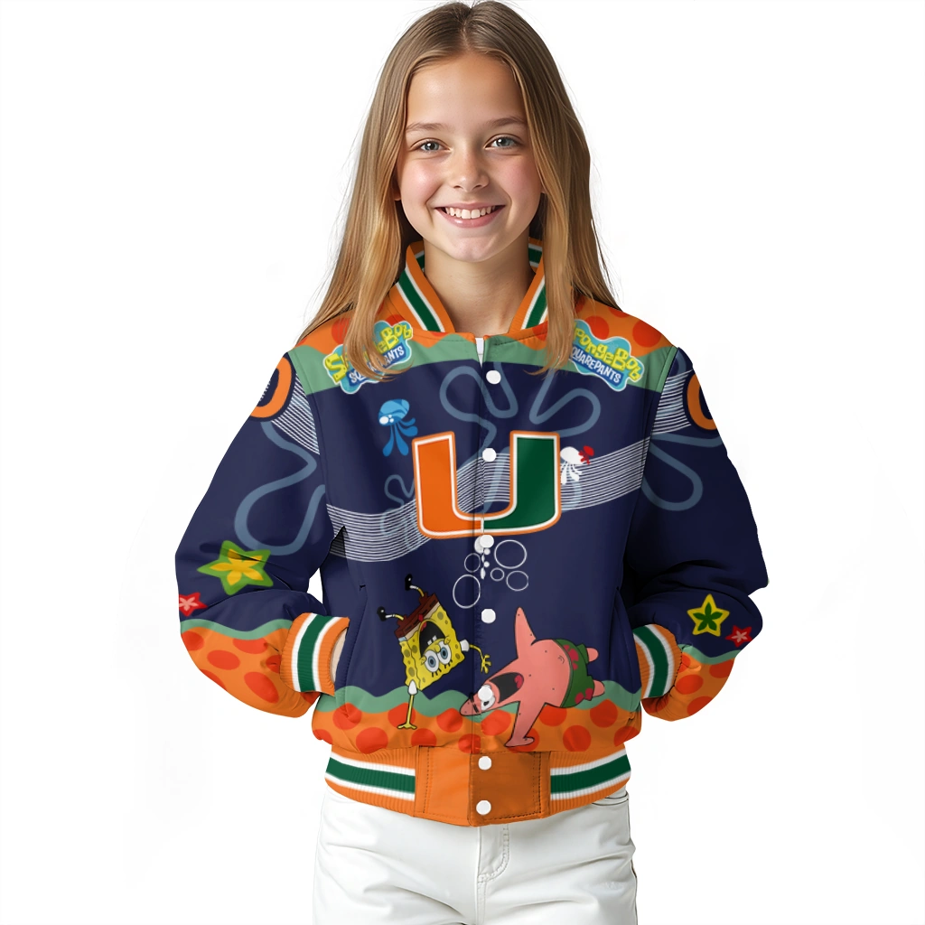 customized miami hurricanes spongebob playtime orange blue varsity jacket top rated customized miami hurricanes spongebob playtime orange blue varsity jacket top rated