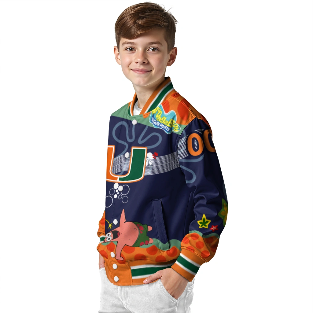 customized miami hurricanes spongebob playtime orange blue varsity jacket trendy customized miami hurricanes spongebob playtime orange blue varsity jacket trendy