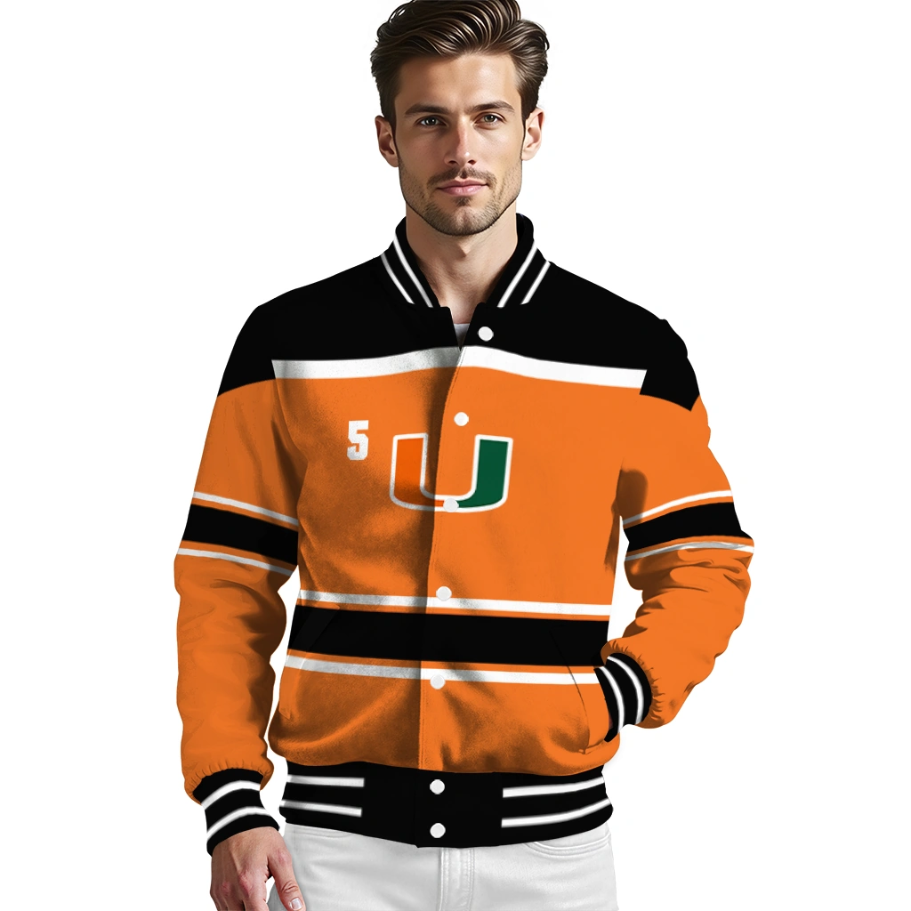 customized miami hurricanes stripe statement orange black varsity jacket high quality customized miami hurricanes stripe statement orange black varsity jacket high quality