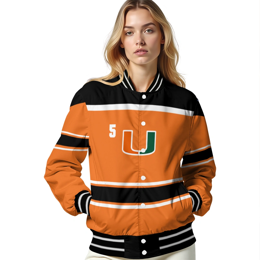 customized miami hurricanes stripe statement orange black varsity jacket latest model customized miami hurricanes stripe statement orange black varsity jacket latest model