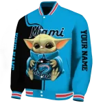 customized miami marlins adorable yoda blue black varsity jacket best selling