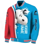 customized miami marlins snoopy head blue varsity jacket best selling