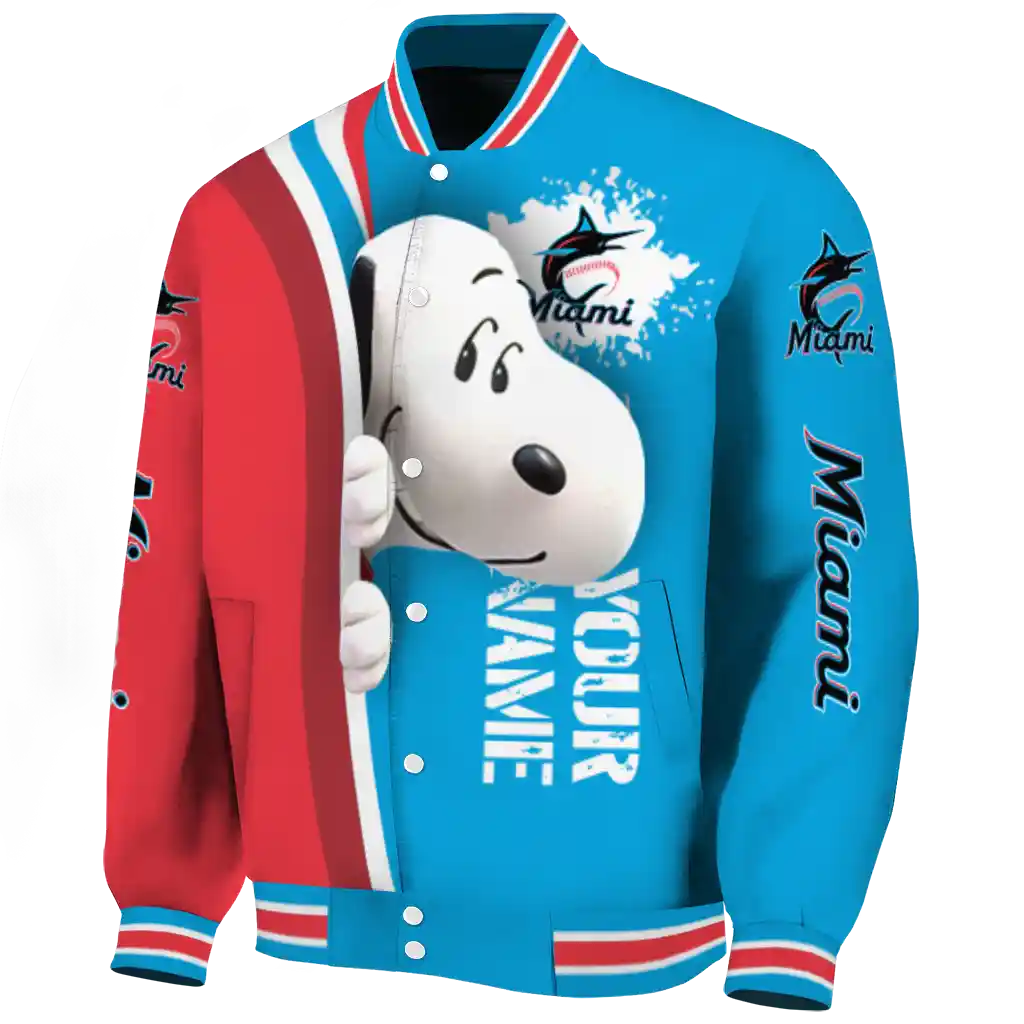 customized miami marlins snoopy head blue varsity jacket best selling customized miami marlins snoopy head blue varsity jacket best selling